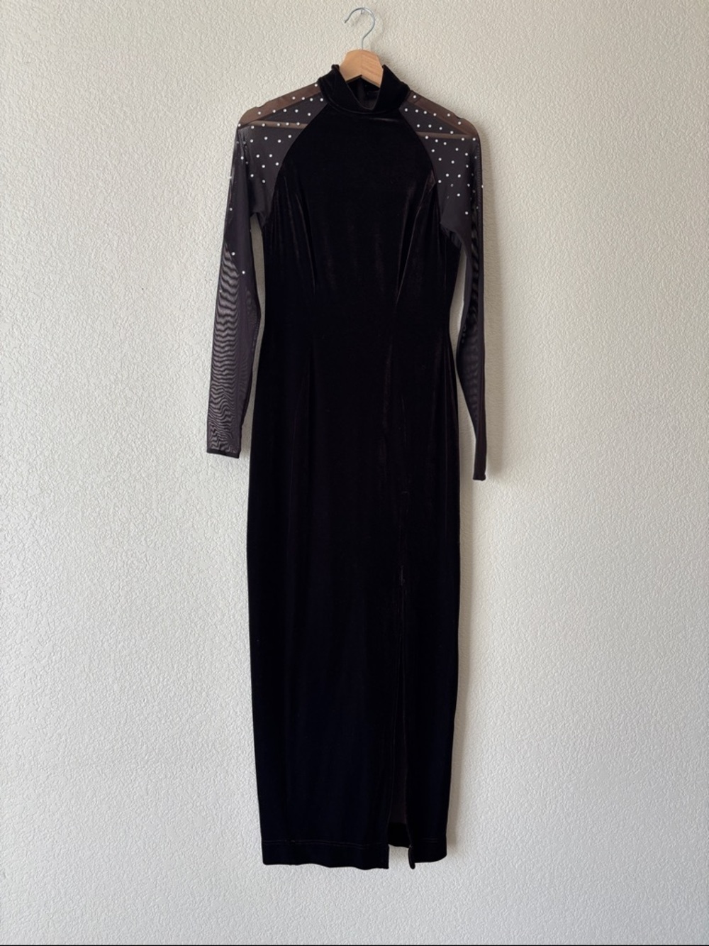 Tadashi Brown Velvet Long Sleeve Maxi Dress with Mesh Stud Detail